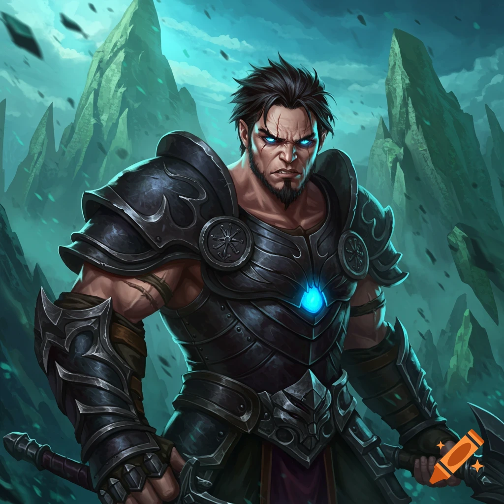 A male fantasy warrior in black armor with glowing blue eyes and chest piece, holding weapons.