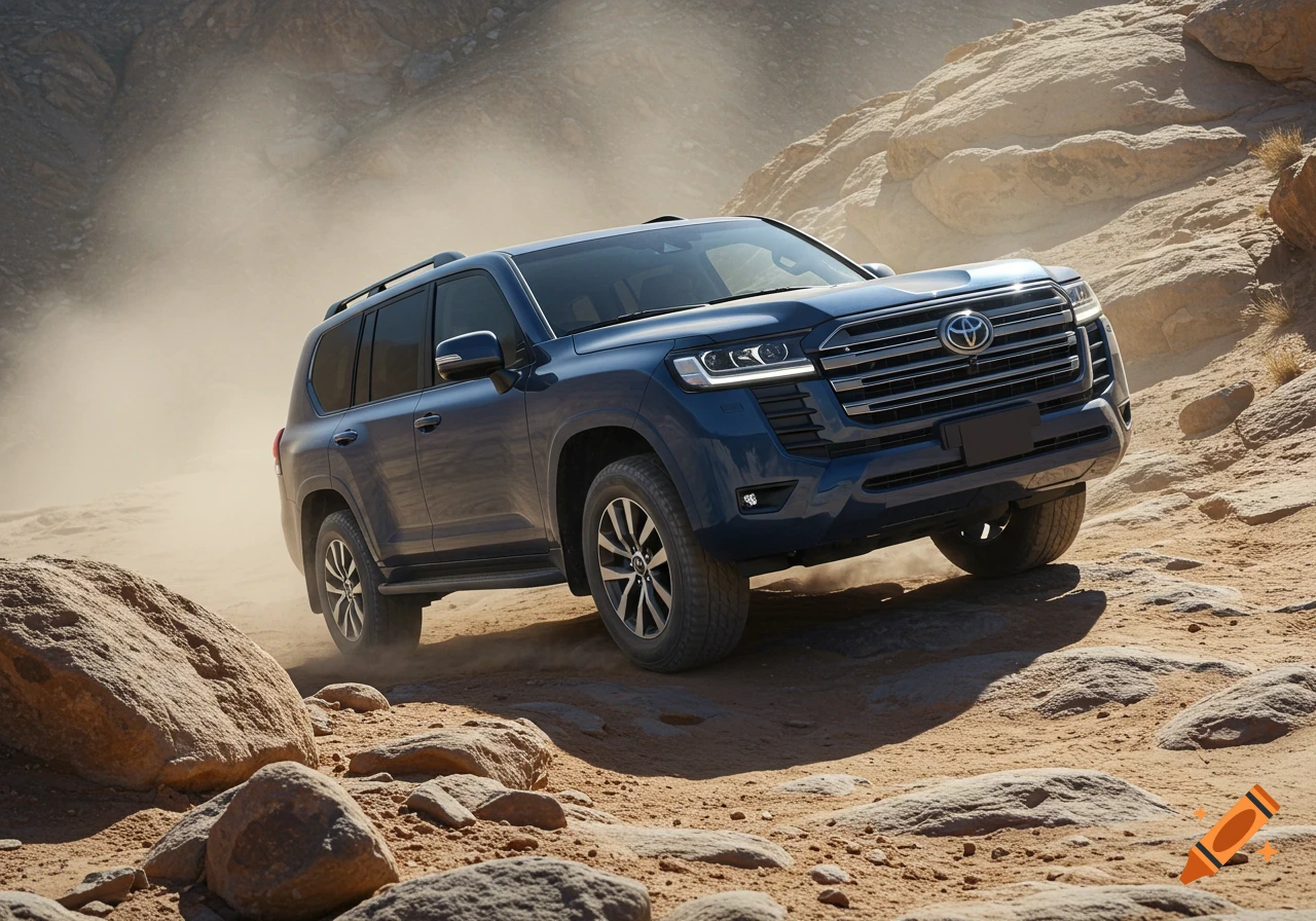 Blue SUV drives on a rocky, dusty off-road trail.