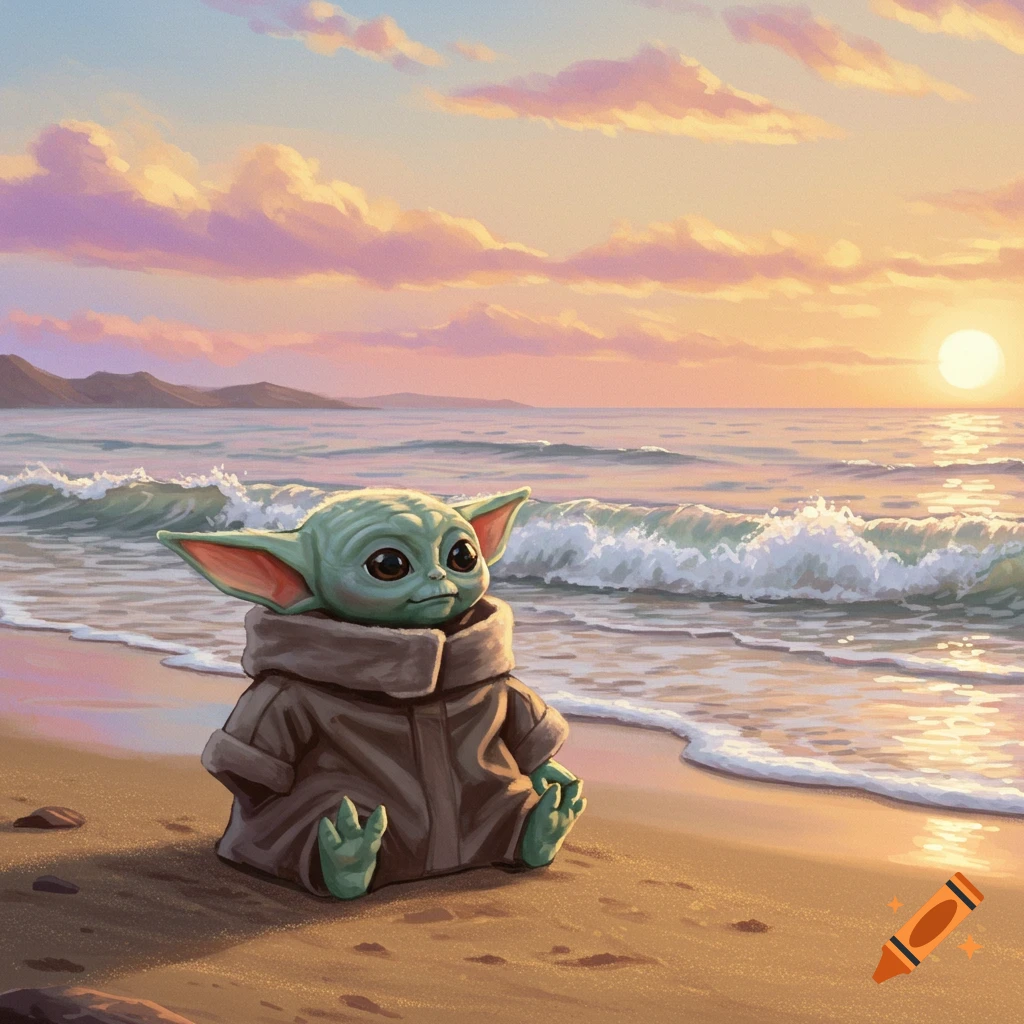 Grogu sitting on a beach at sunset.