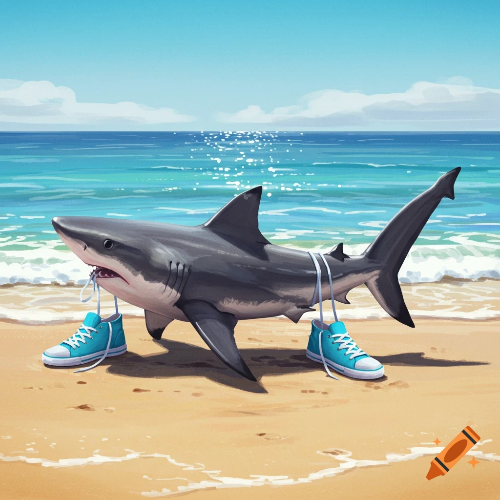 A shark on a beach wearing blue sneakers.