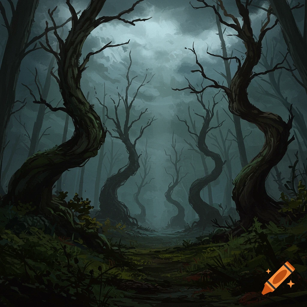 A dark, spooky forest with twisted trees under a cloudy sky.