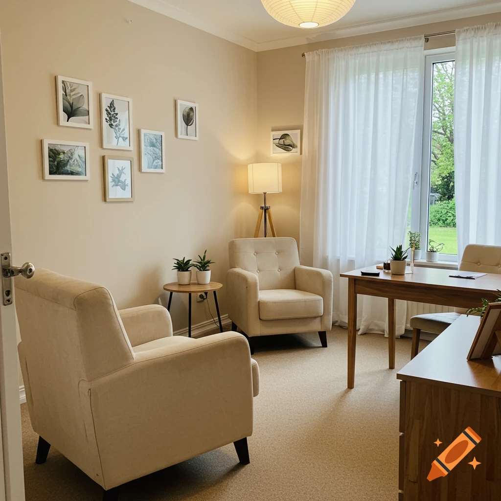 Cozy therapy or office room with armchairs, desk, lamp, plants, and framed botanical prints.