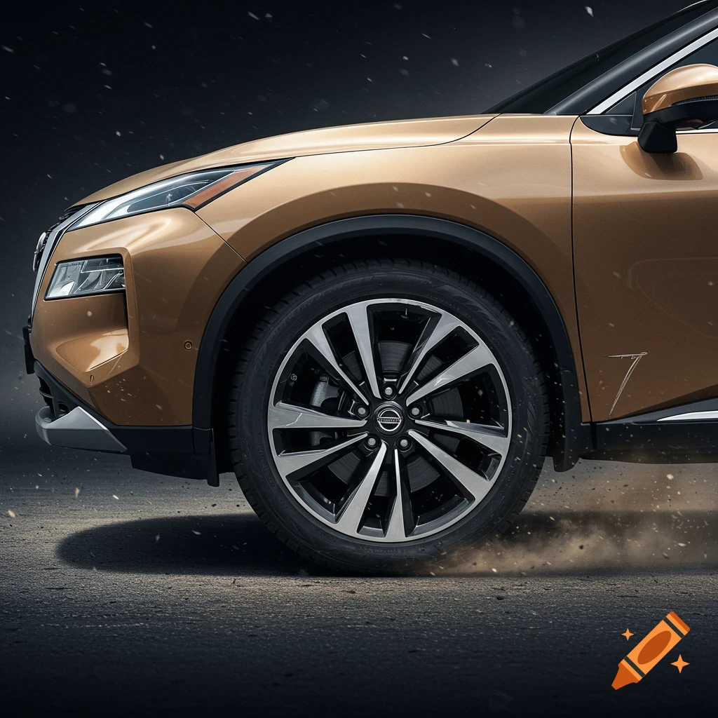 Close up of the front wheel and fender of a gold Nissan Rogue driving on a dusty surface, with falling snow.
