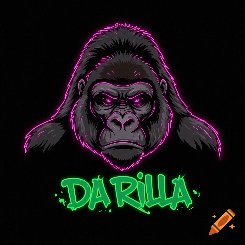 Neon outline of a gorilla head with 'DA RILLA' text below on a black background.