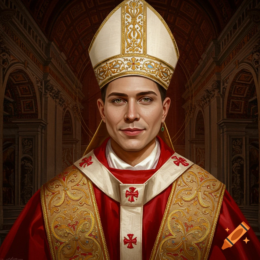 Portrait of a person dressed as a pope or bishop in red and gold vestments and a white mitre, standing in a church.