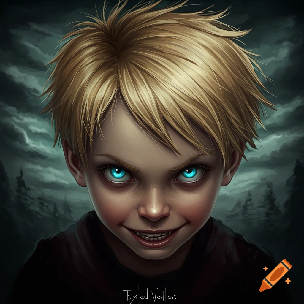 A creepy blonde boy with glowing blue eyes and a sinister smile against a dark sky.