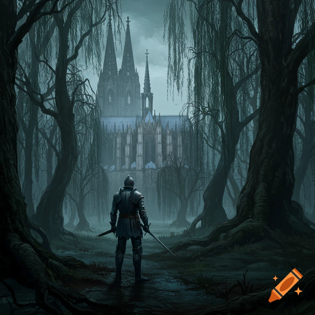A knight stands in a dark forest facing a large cathedral in the distance. Dark fantasy style.