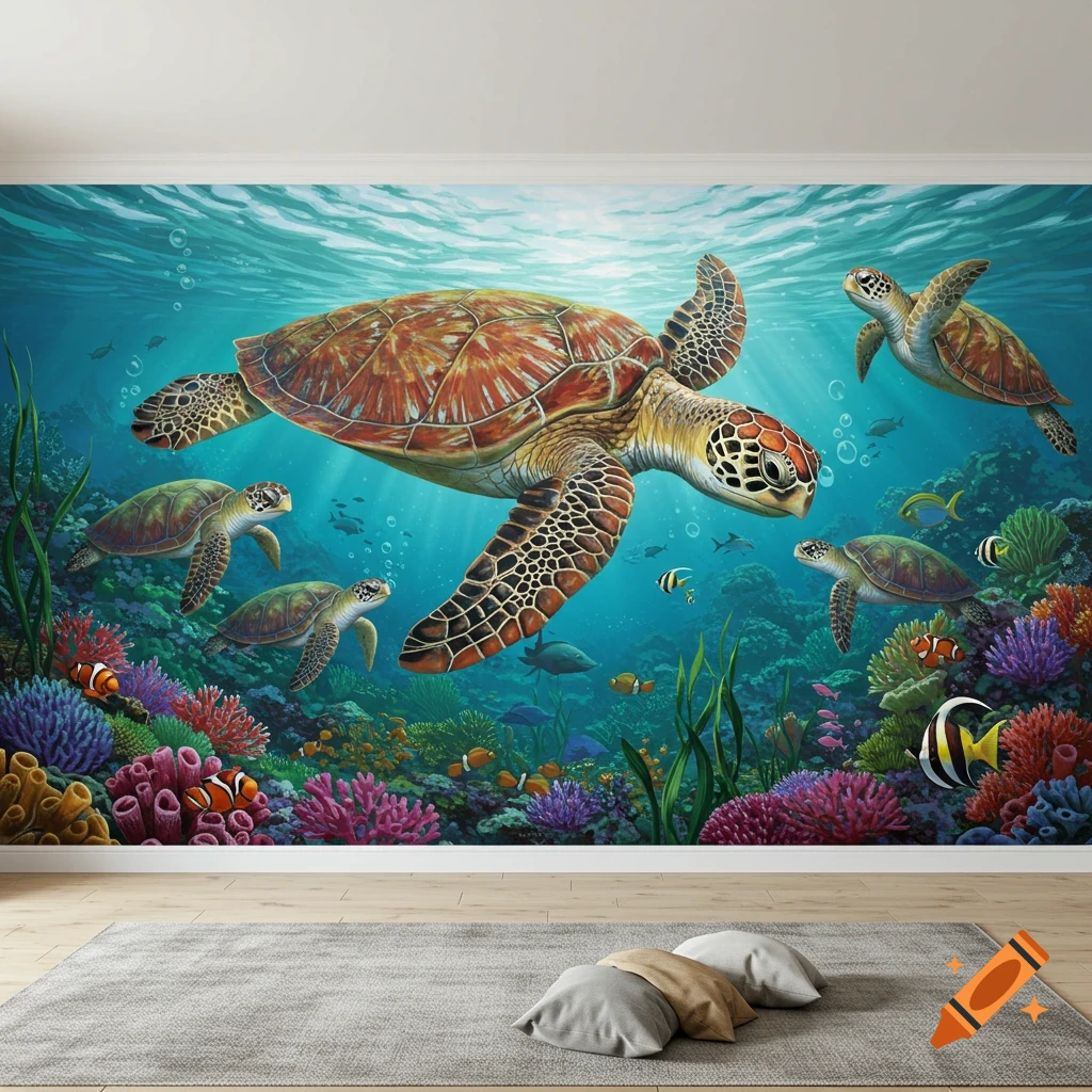 Sea turtles swimming among a vibrant coral reef.