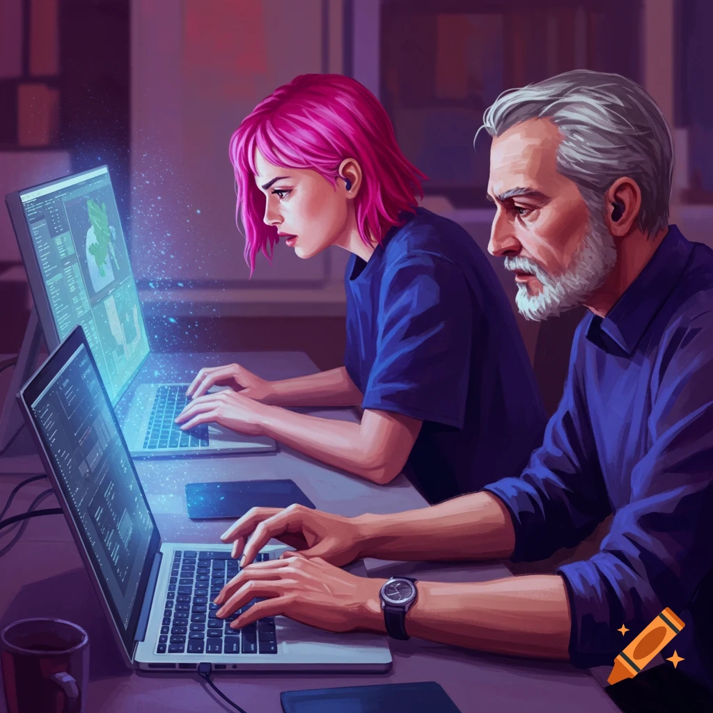 Two people working on computers with glowing screens.