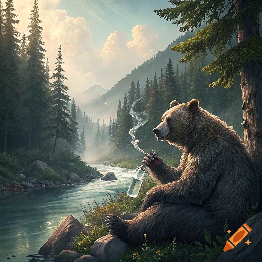 A brown bear sits by a river in a forest holding a glass bong