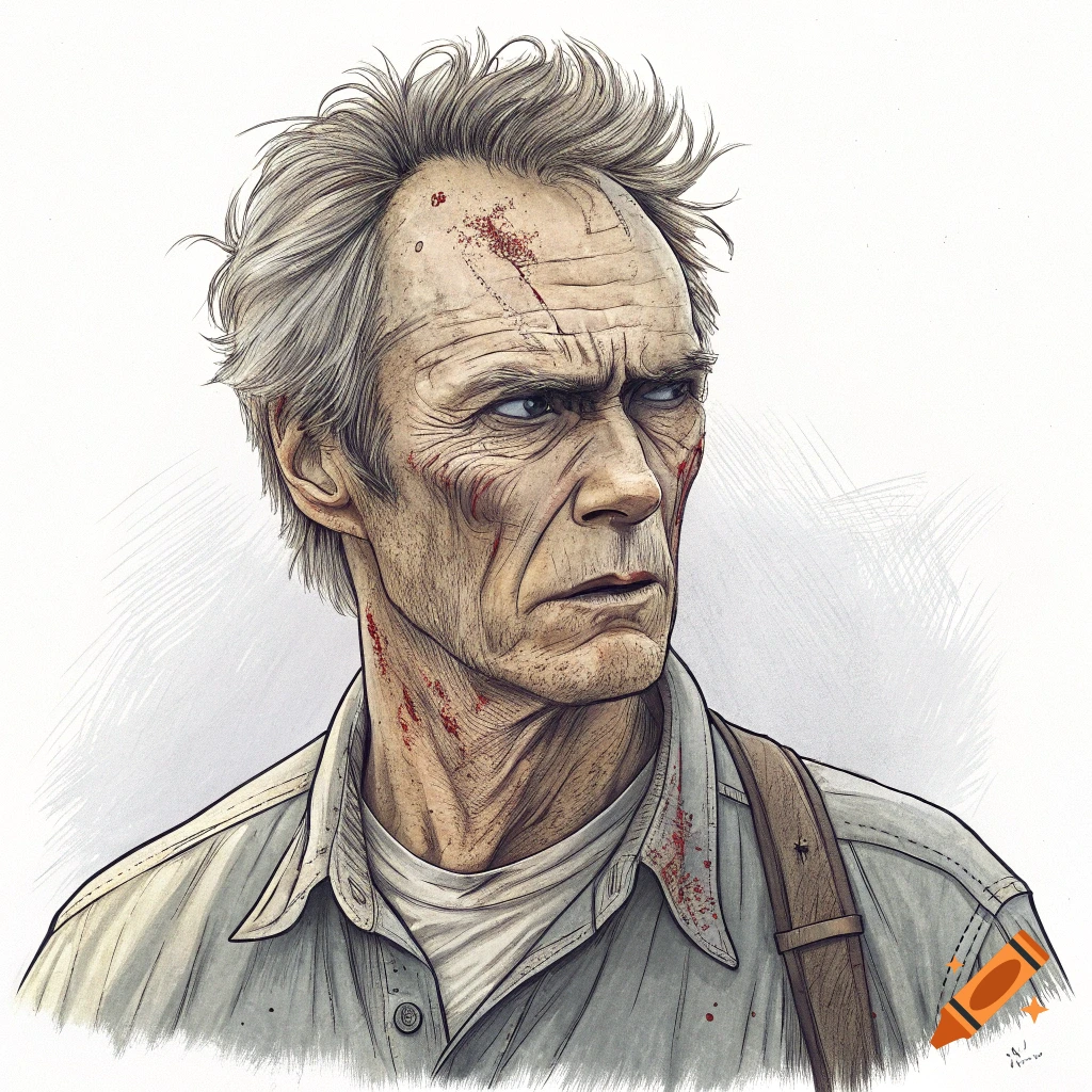 Stylized illustration of a zombified man resembling Clint Eastwood with facial injuries and blood.