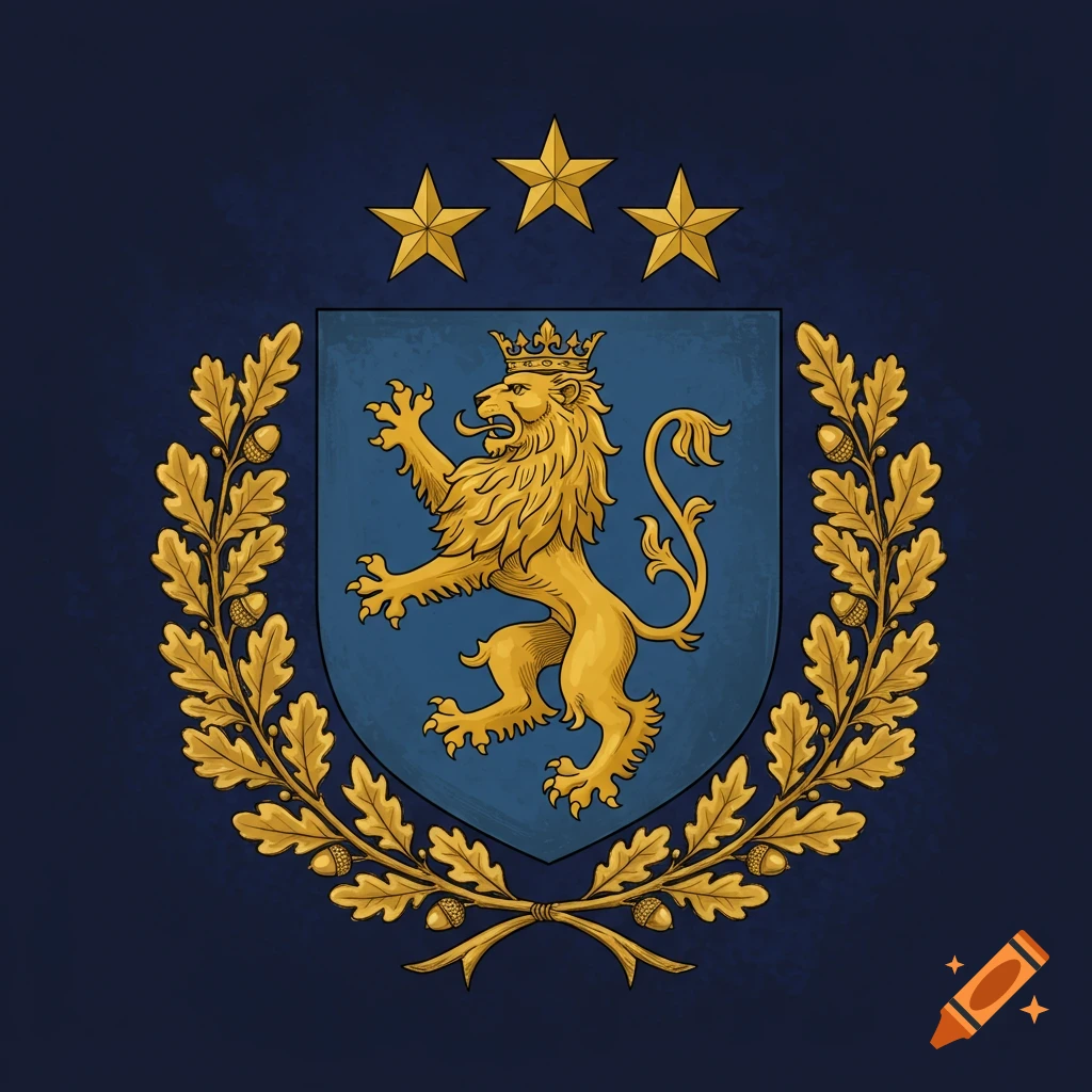 A heraldic crest featuring a golden lion rampant on a blue shield, with three golden stars above, framed by an oak leaf and acorn wreath.