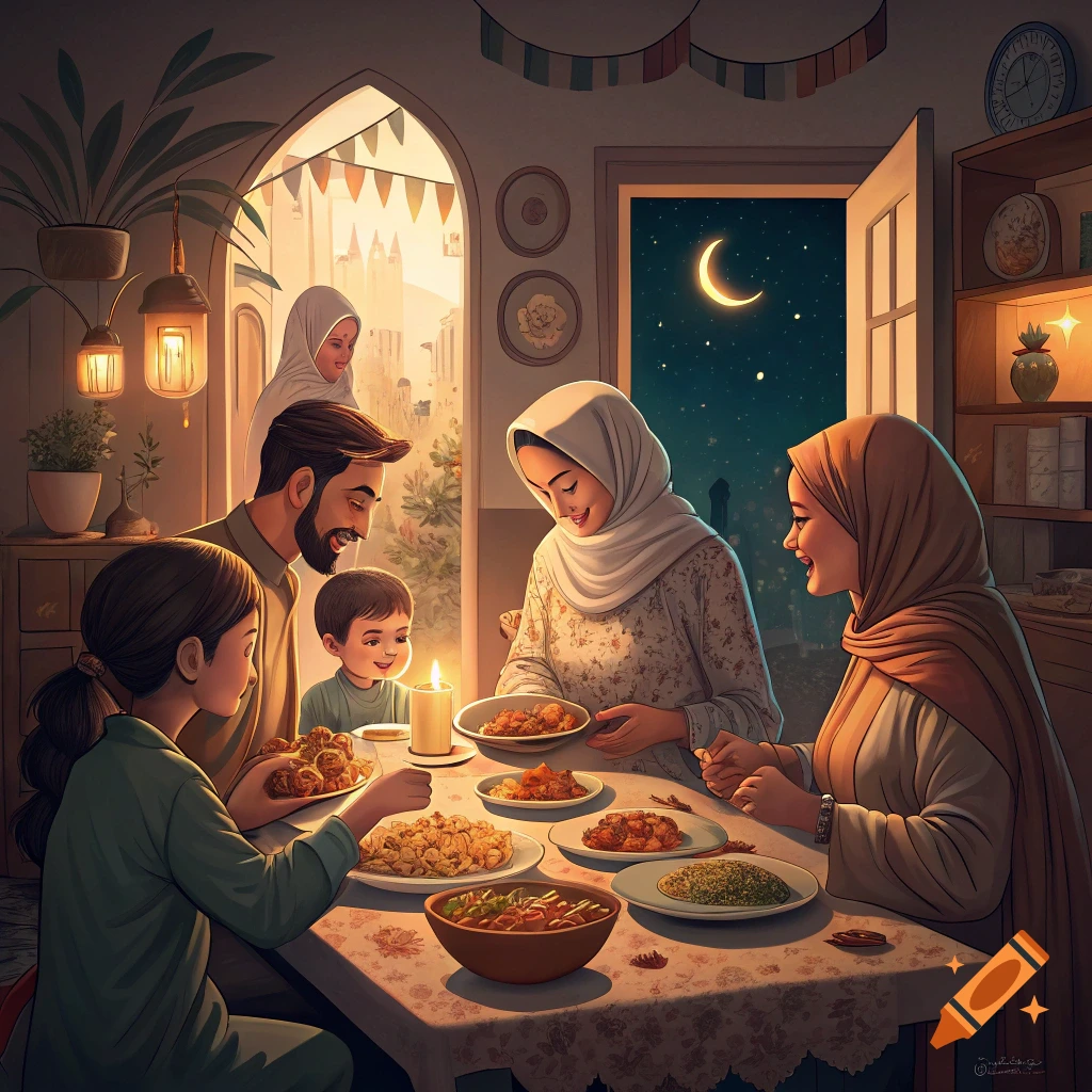 An illustrated scene of a family eating a meal together at a table indoors at night, with a view of a city and a crescent moon.