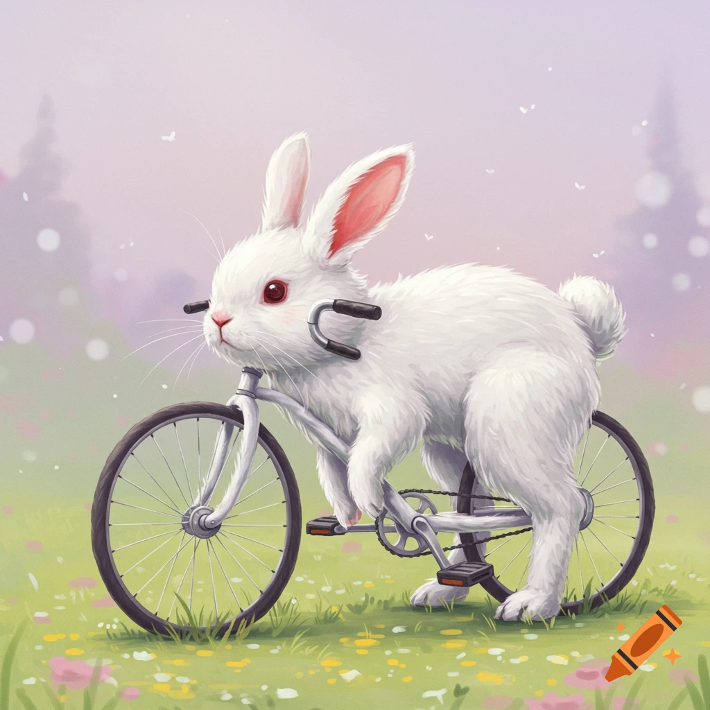 A white rabbit rides a bicycle through a field of flowers.