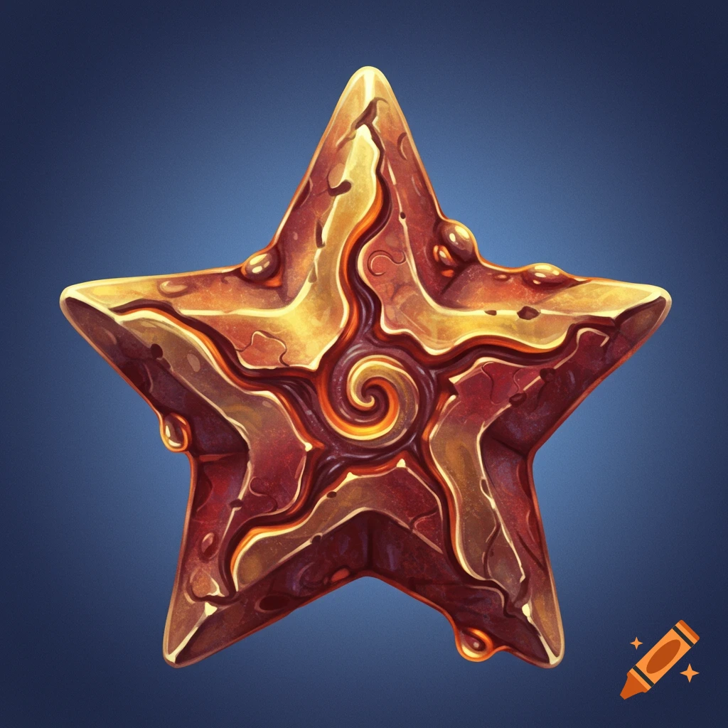 Stylized golden and red star charm with spiral center on a blue background, digital art