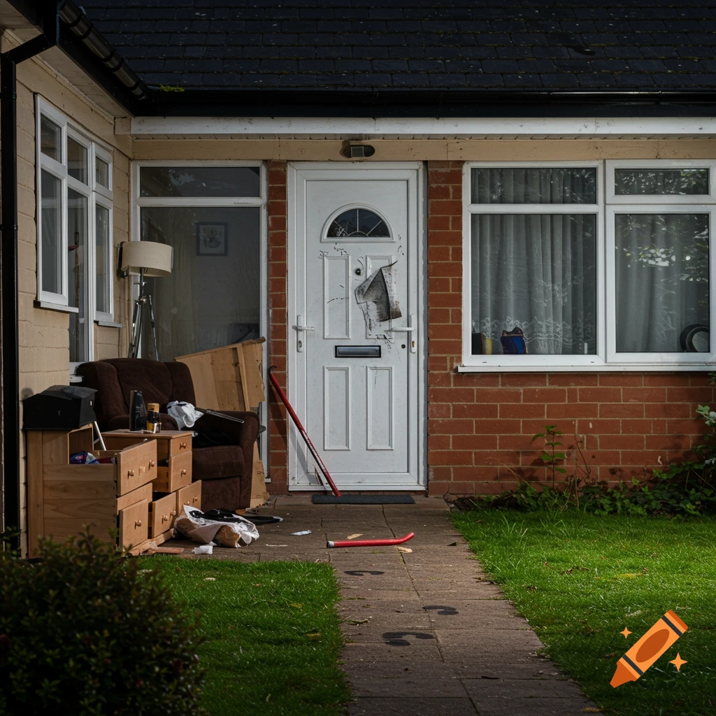 Exterior of a house showing the aftermath of a burglary with damaged door, scattered furniture, and footprints on the path.
