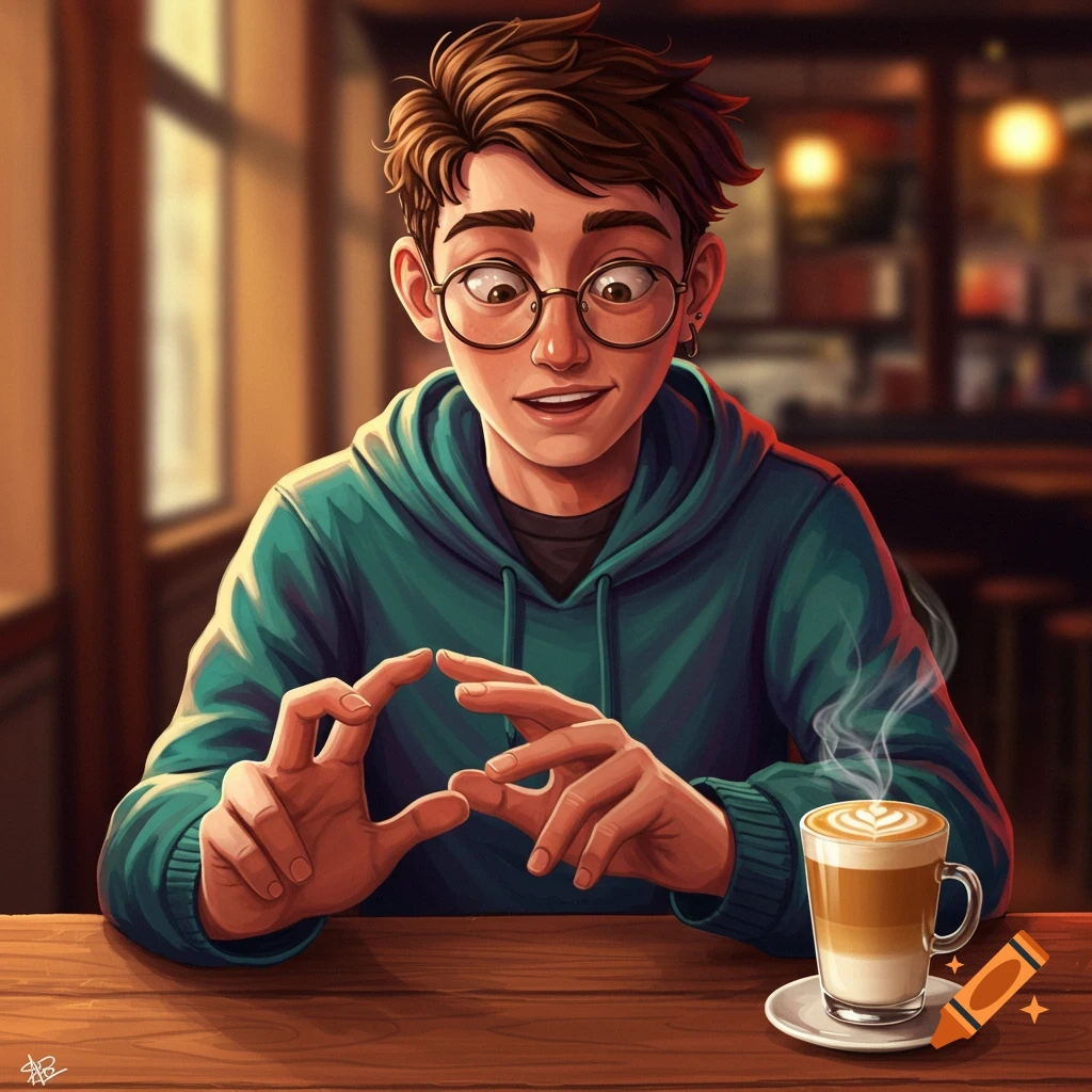 Digital illustration of a young person in glasses and a hoodie at a cafe table, looking at their hands, with a coffee.