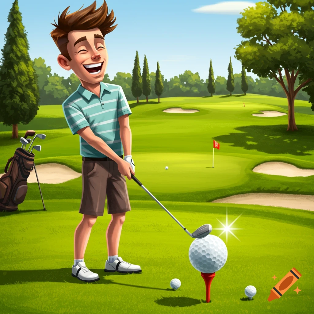 A happy cartoon man swings a golf club on a green golf course.