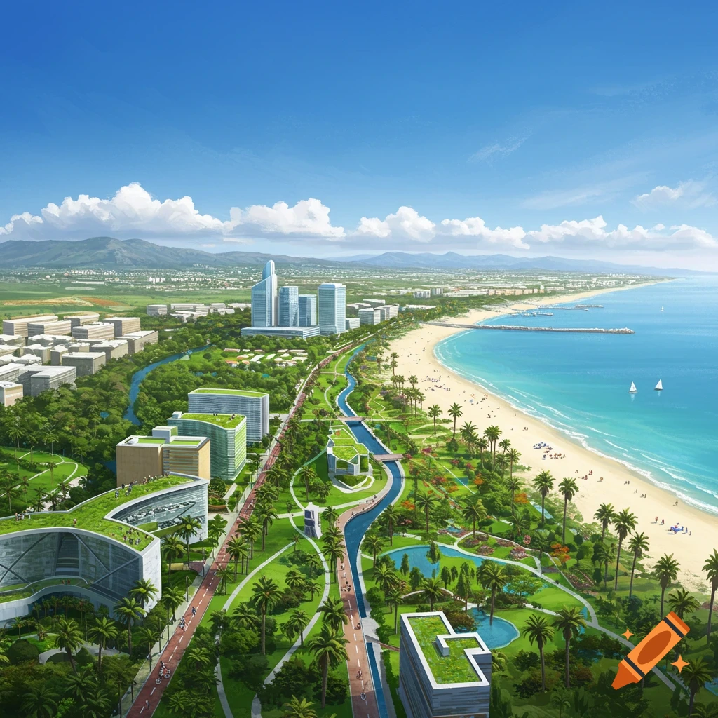 A modern beach city featuring parks, buildings, a river, and a beach.