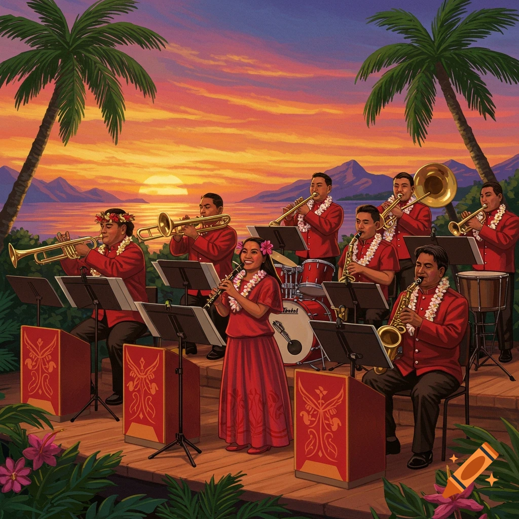 A Hawaiian concert band playing at sunset in a tropical setting.