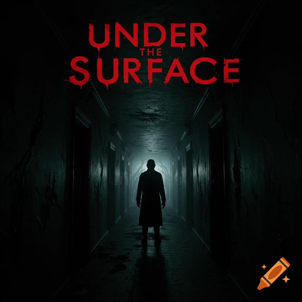 Horror game art with title 'UNDER THE SURFACE' above a silhouetted figure in a dark corridor.