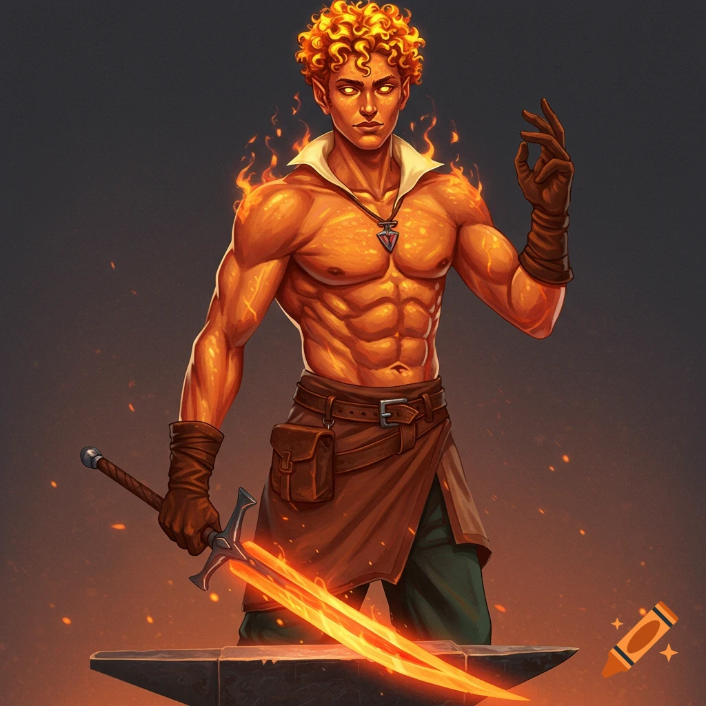 A fire-skinned fantasy character with fiery hair holding a glowing sword over an anvil.