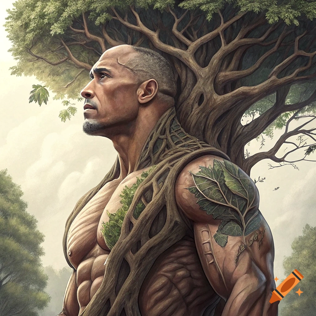 Illustration of Dwayne 'The Rock' Johnson integrated with tree roots and leaves, standing in a forest.