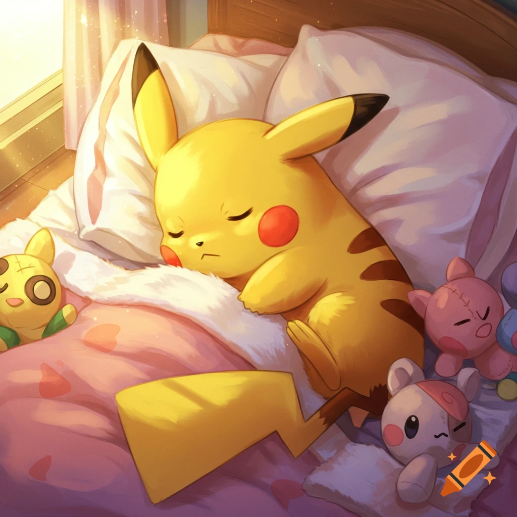 A sleeping Pikachu in bed surrounded by stuffed animals.
