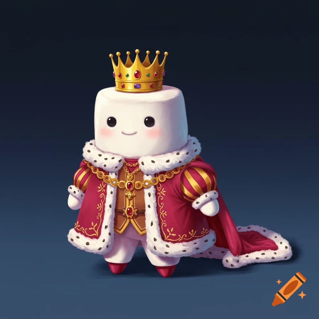 A cute marshmallow character wearing a red and gold king's outfit and crown.