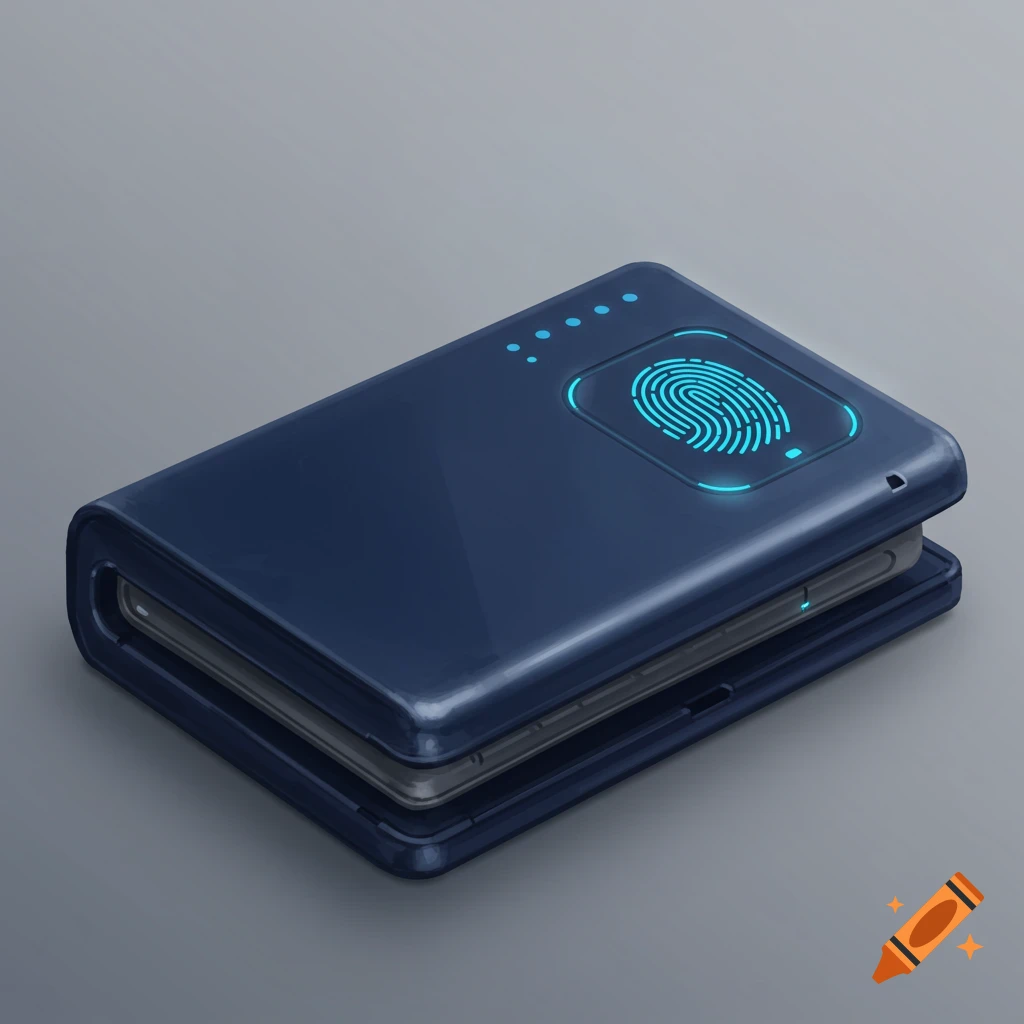 A dark blue foldable wallet with a glowing blue fingerprint scanner and indicator lights on the cover.