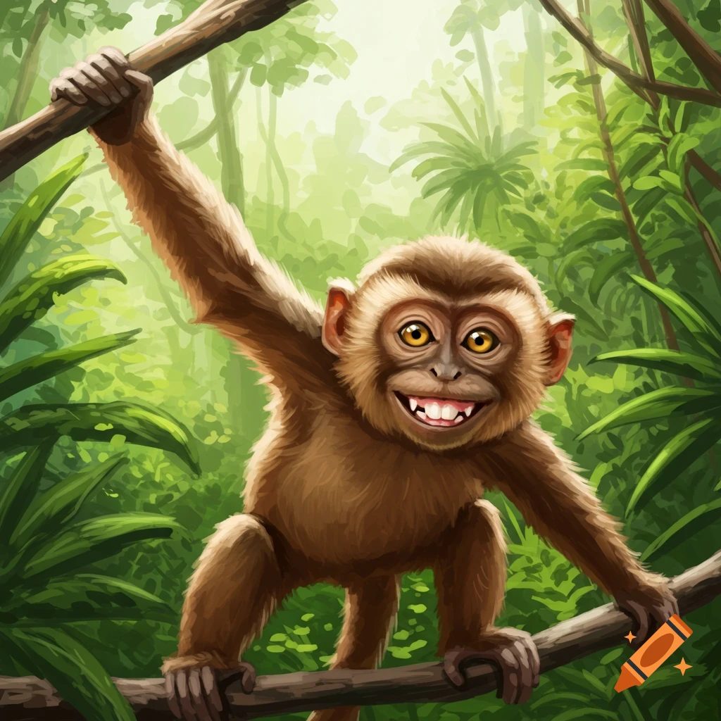 A smiling monkey hanging from a tree branch in a jungle.