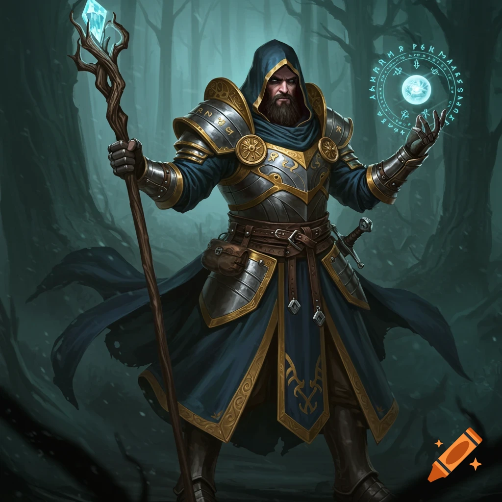 A bearded wizard in plate armor casts a spell in a misty forest.