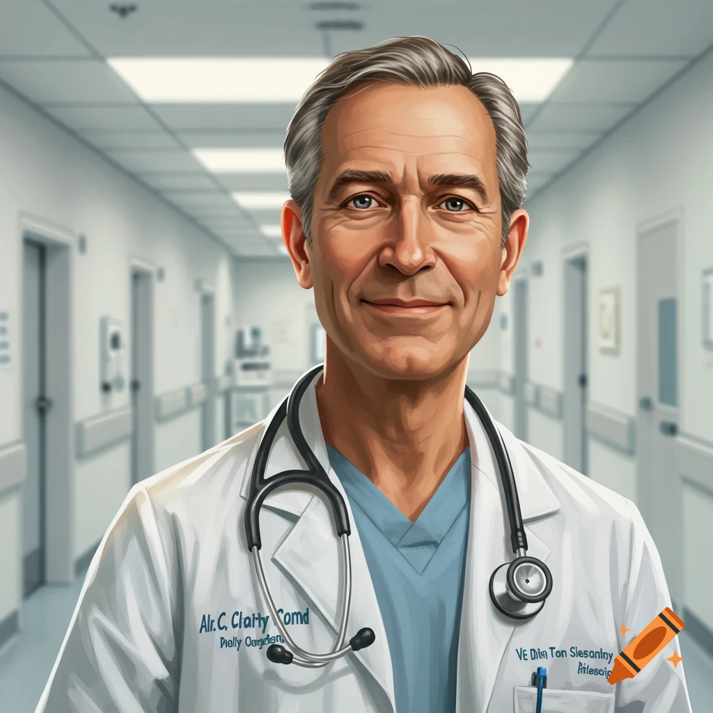 A male doctor with a stethoscope is standing in a hospital hallway.