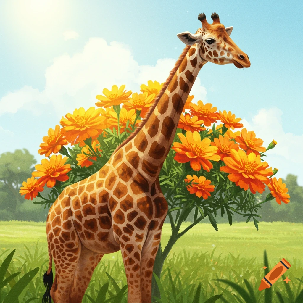 A giraffe stands in a field with orange marigolds behind it.