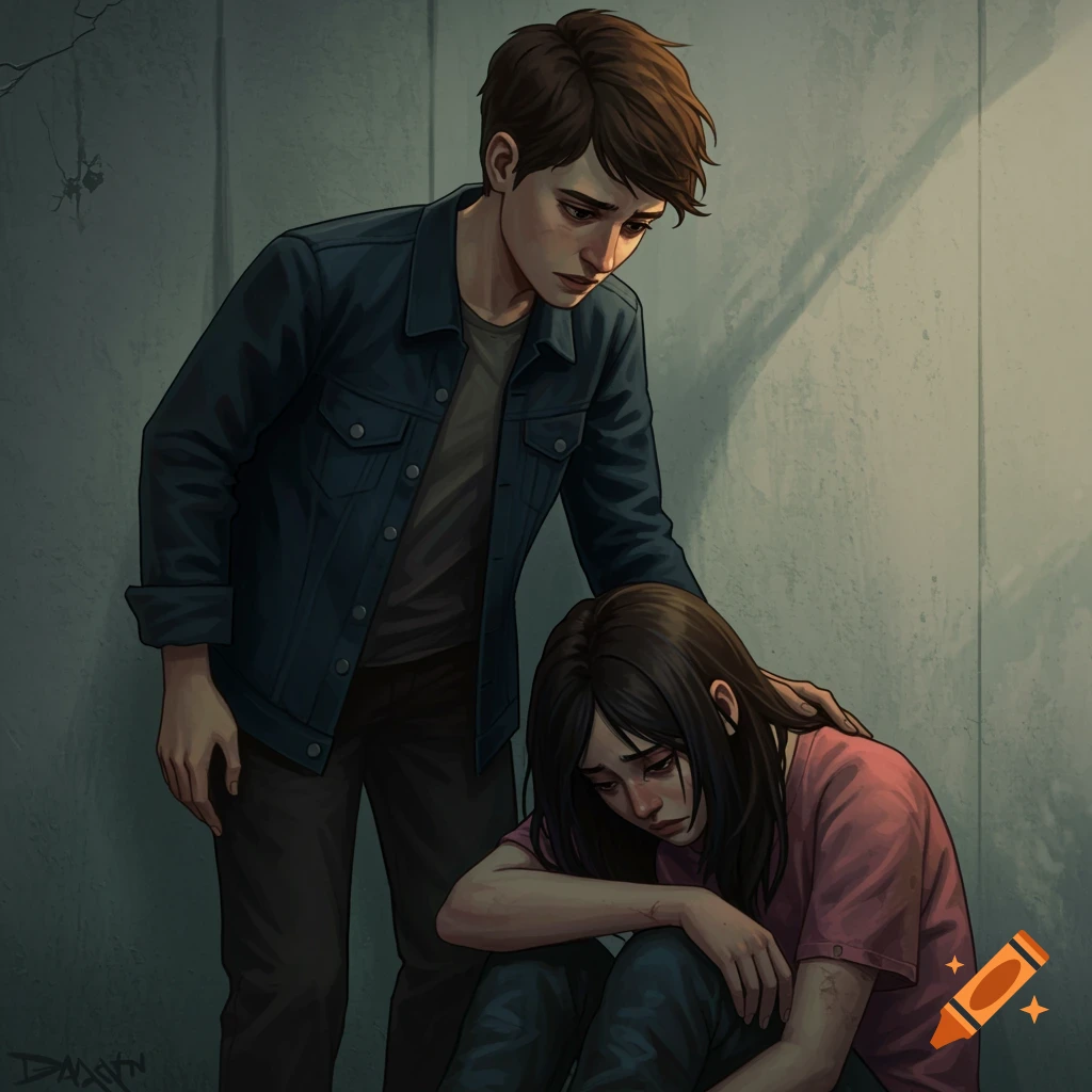 Standing person looks at a sad person sitting on the floor.