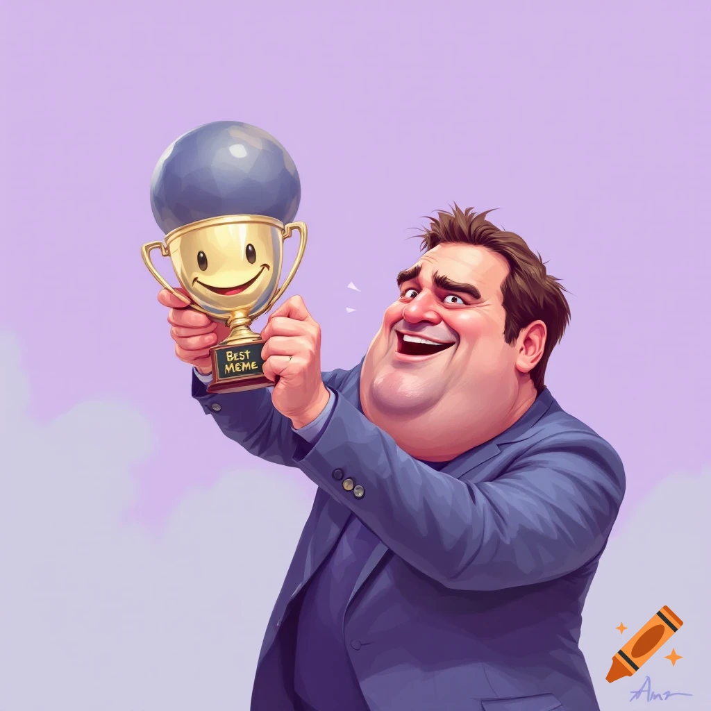 Cartoon man in suit holds up gold trophy with 'Best MEME' text.