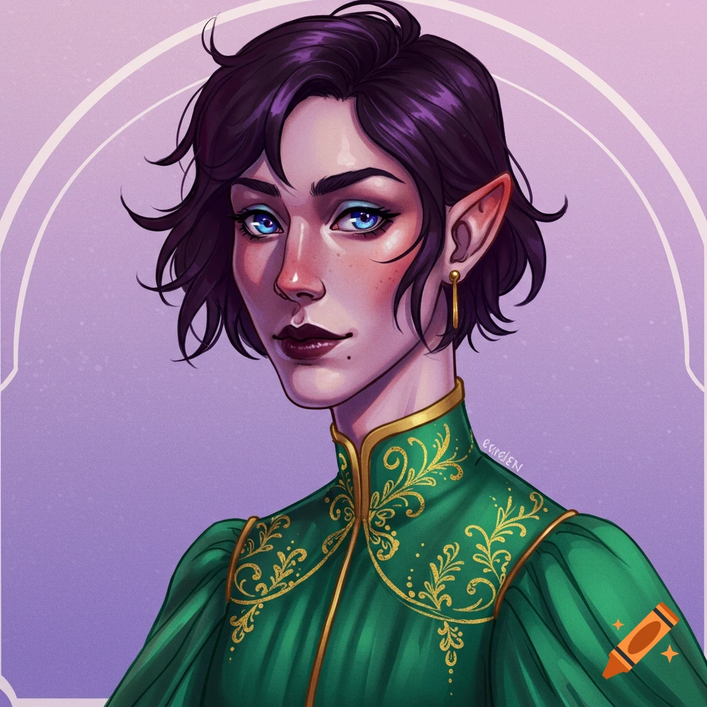 Portrait of a person with short purple hair, blue eyes, and pointy ears, wearing a green garment with gold embroidery.