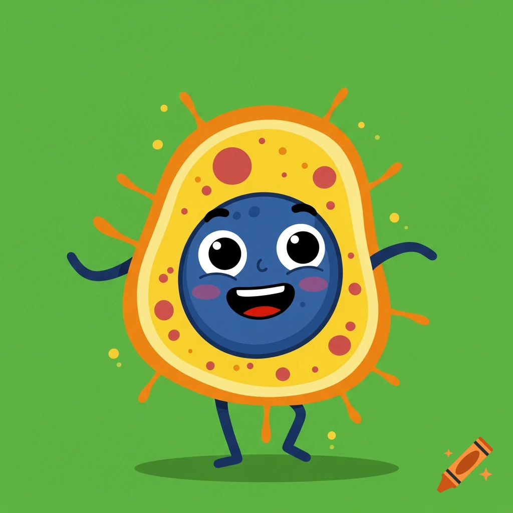 A friendly cartoon cell character with a face and limbs on a green background