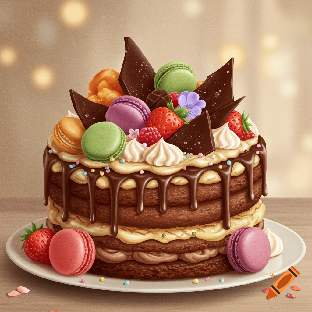A richly decorated multi-layer chocolate cake with fruit, macarons, and chocolate shards.