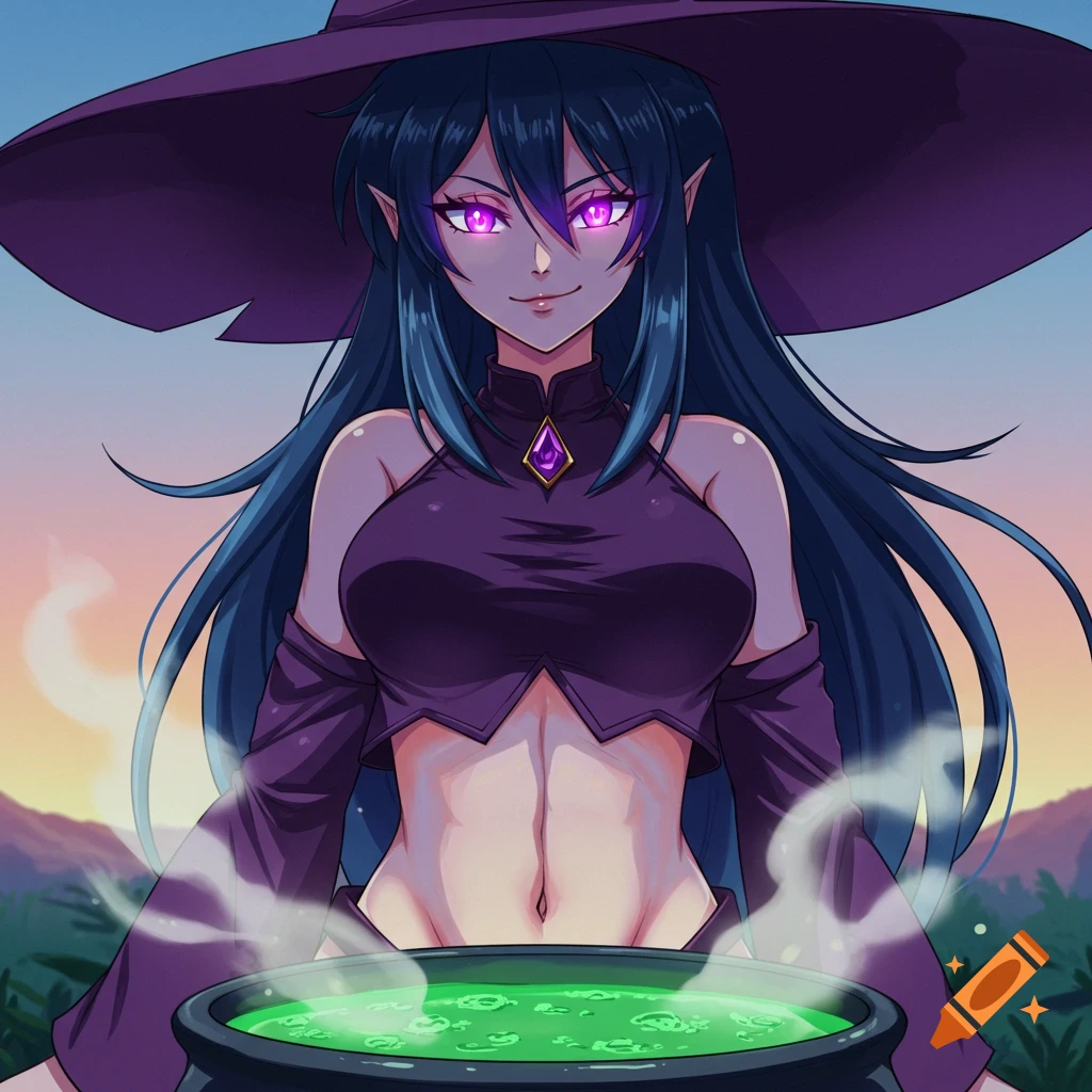 Anime style witch with glowing purple eyes in a crop top standing over a bubbling cauldron.
