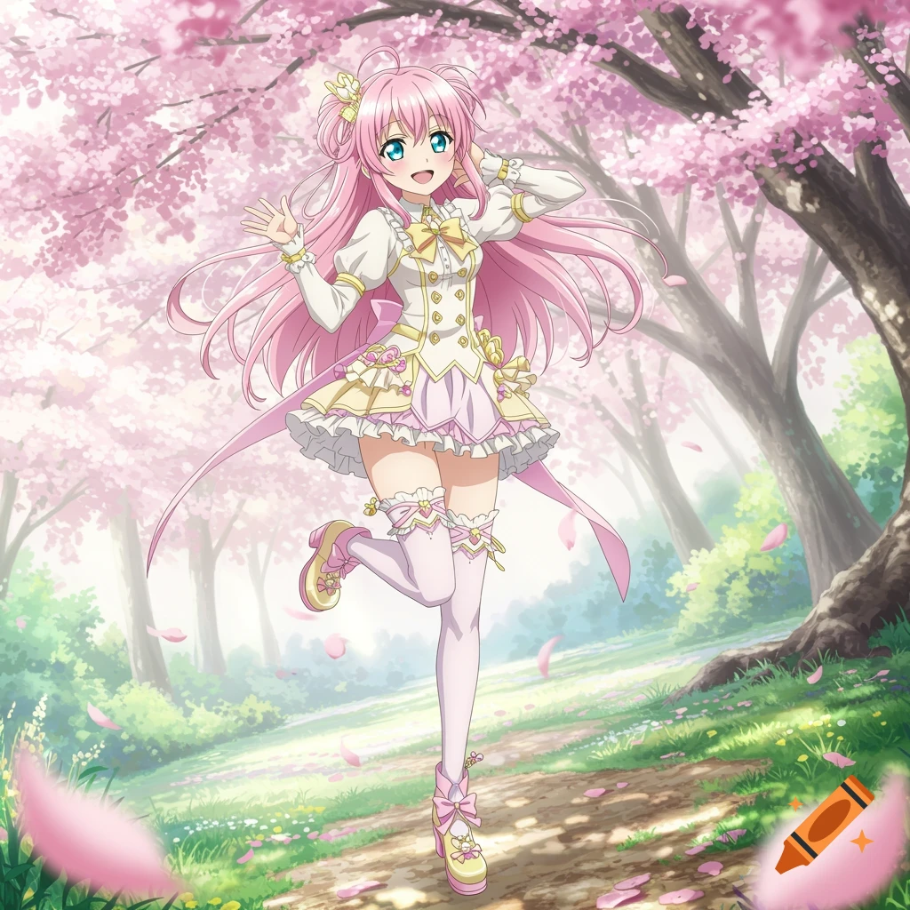 Anime girl with pink hair and blue eyes in a pastel dress posing in a cherry blossom forest.