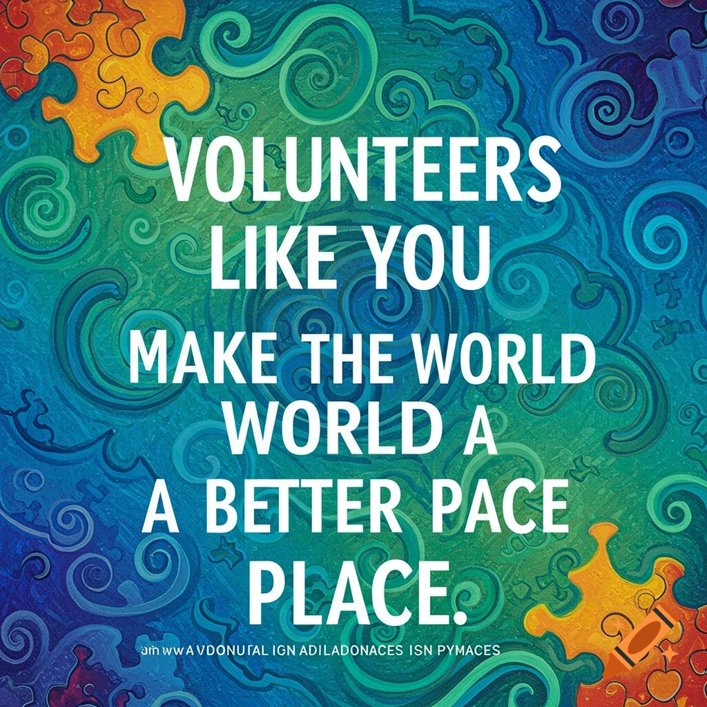 The quote 'Volunteers like you make the world a better place' on a swirling, colorful background with puzzle pieces.