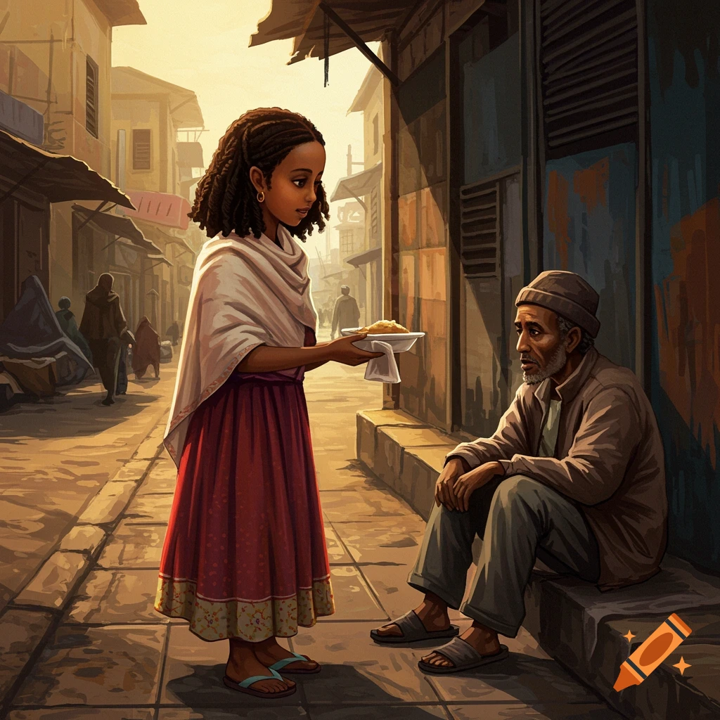 A young girl offers a meal to a homeless man sitting on a sidewalk.