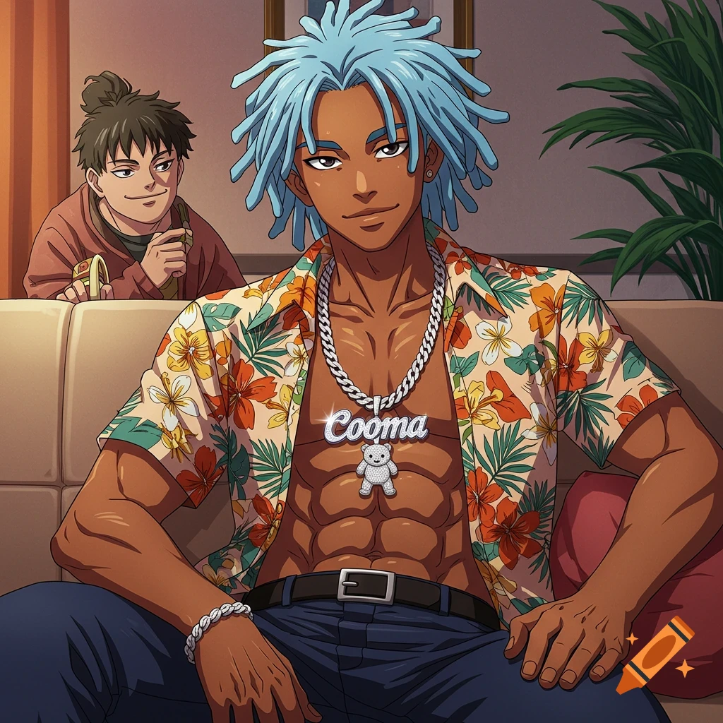 Anime illustration of character with blue locs, floral shirt, and necklace sitting on a couch.