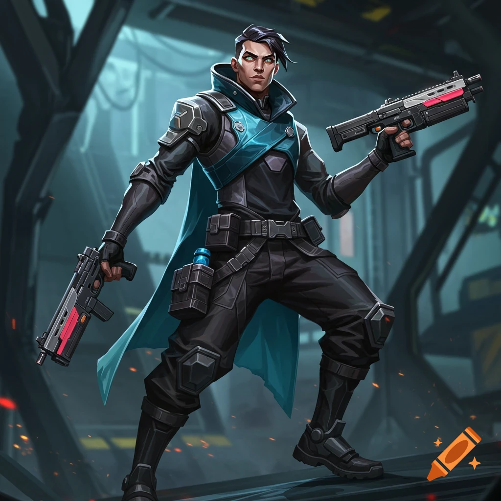 A male character in futuristic tactical gear holds two submachine guns in a sci-fi environment.