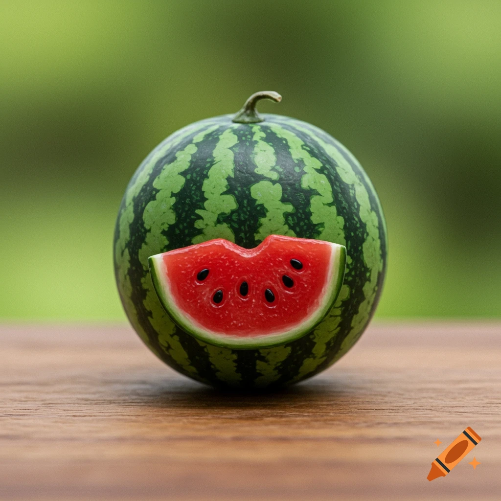 A mini watermelon with a slice for a smile on a wooden table.