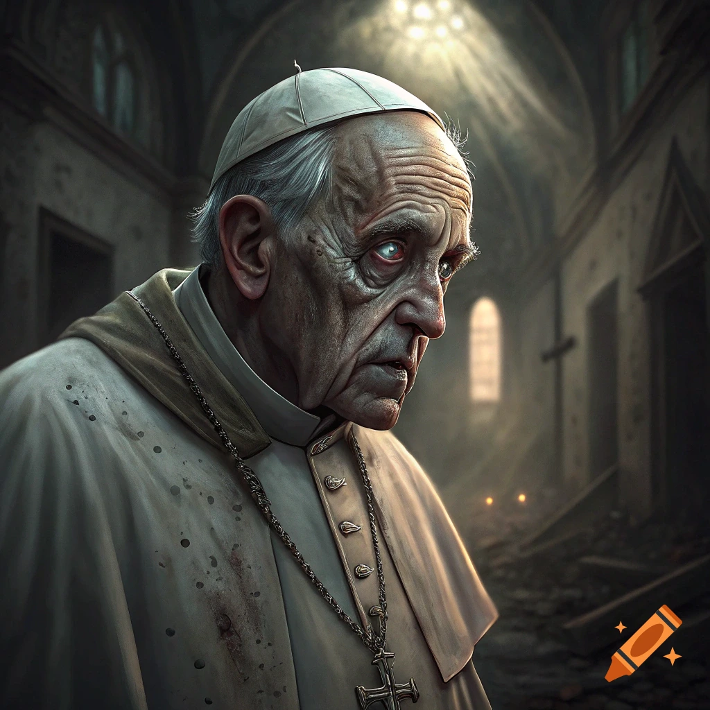 Zombie-like figure resembling a pope in a ruined church. Dark fantasy style.