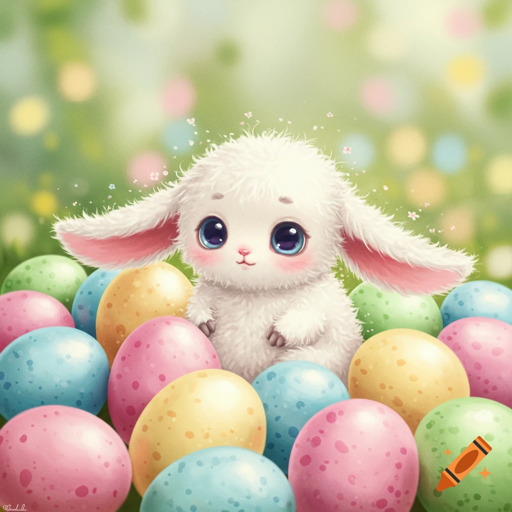 Cute fluffy bunny surrounded by colorful Easter eggs