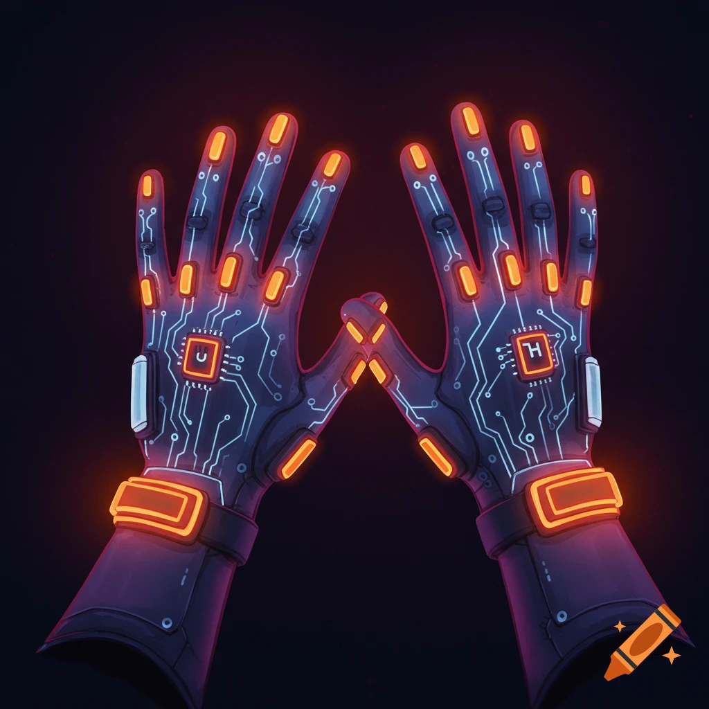 Two black gloves with glowing orange circuitry and lights, hands held up against a dark background.