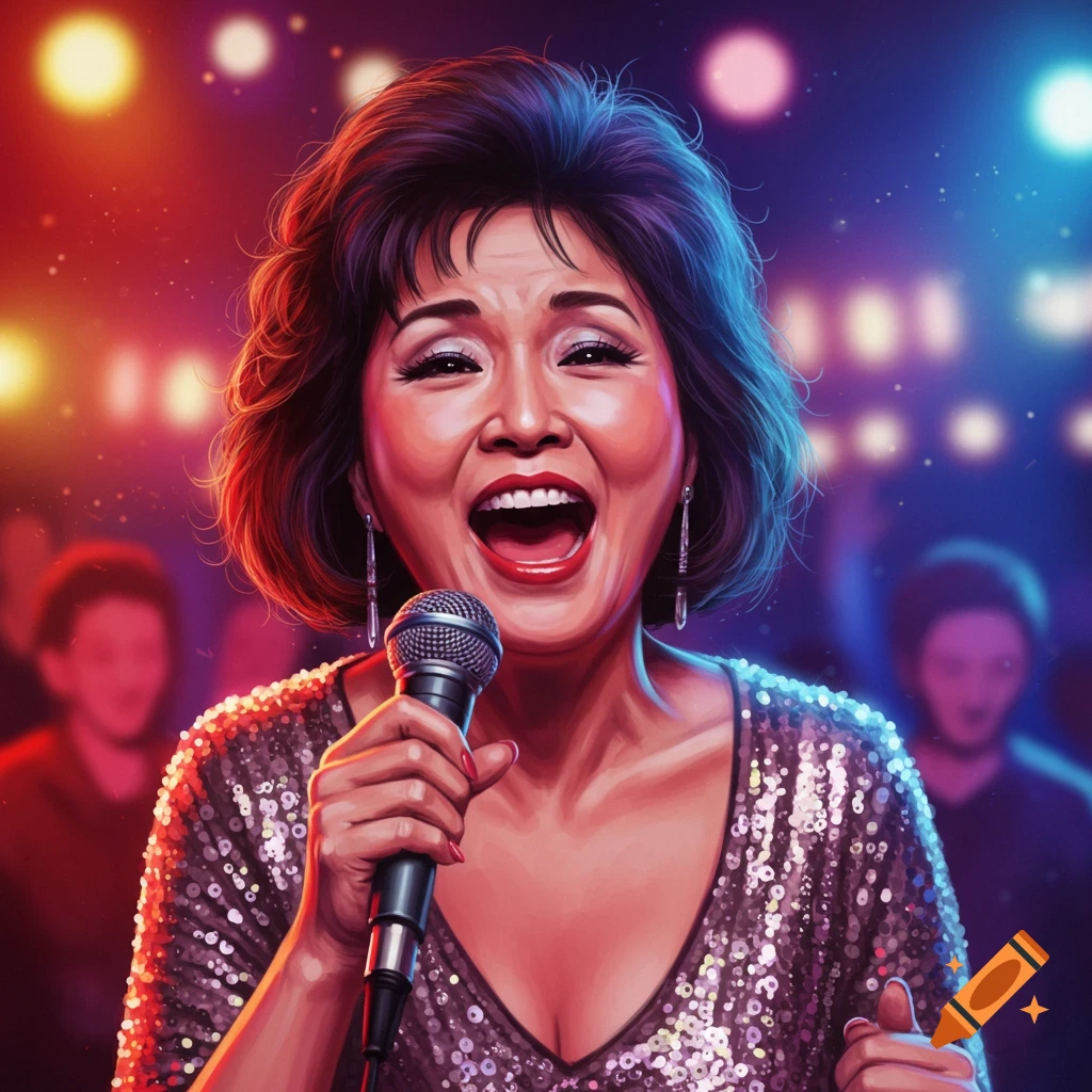 A woman sings into a microphone on stage.
